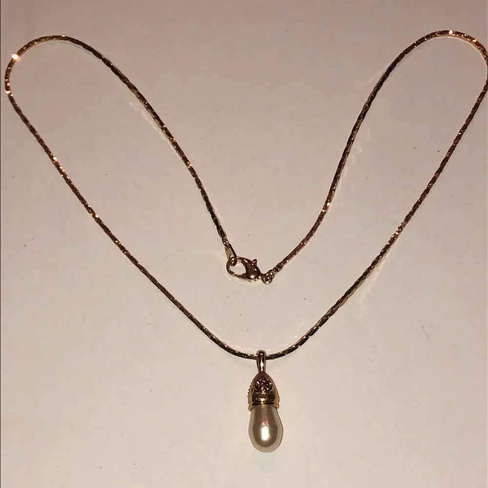 Crystaline Brand Gold Tone Faux Pearl CZ Rhinestone Pendant Necklace